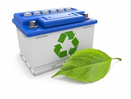 Eco-friendly battery recycling with green leaf symbolizing safe and responsible disposal services